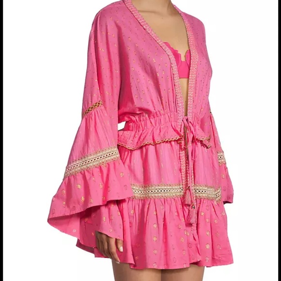 Ramy Brook Pink Gold Ruffled Bell Sleeve Swim Coverup - Picture 3 of 4